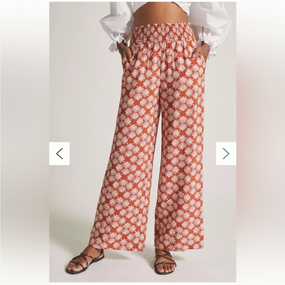 Anthropologie Maeve Saria Wide Leg Shell Clam Smocked Beach Pants Sz M Coastal